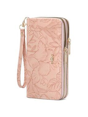 Pink Floral Leather Wallet RFID Blocking Double Zip Wristlet Clutch Card Purse